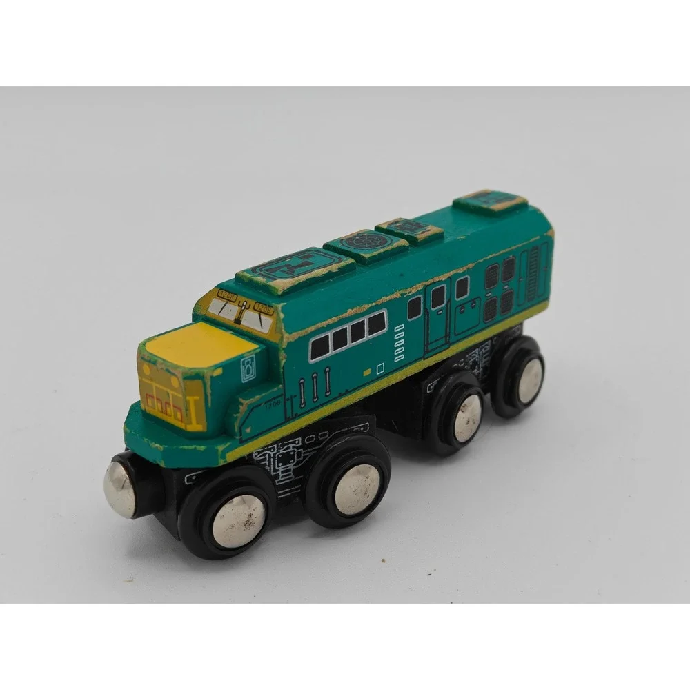 Vintage Style Wooden Diesel‎ Locomotive Train Engine 1208 Teal Yellow Magnetic